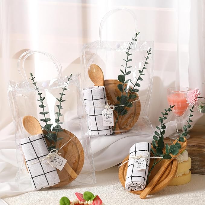 6 Pcs Valentine Mini Cheese Board Baby Shower Prizes Set Cutting Board with Bamboo Spoon Plaid Towel Artificial Eucalyptus Stems Tag Bag Thank You Gift Box for Couple Teacher Guest,Wedding Party Bridal Shower Favors Supplied,Anniversary Birthday Gift