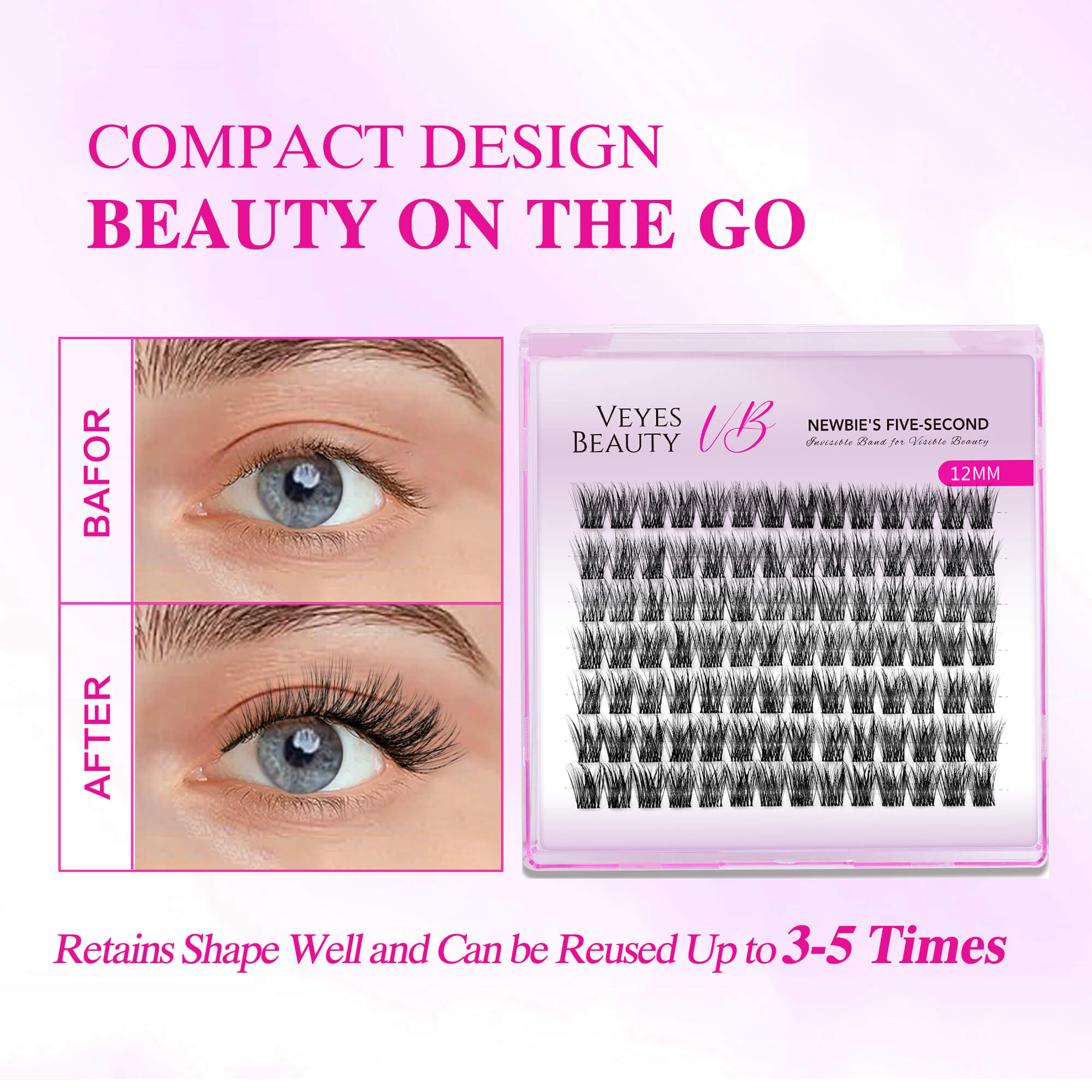 VEYESBEAUTY Dreamy 10mm-18mm Cluster Lash Single Length Refill & Replacement OptionFor Mixed Length Invisible Band Lashes Eyelashes Newbie's Five-Second Volume Wispy Soft Comfortable Mini Tray Makeup Cosmetic for Self Application at Home