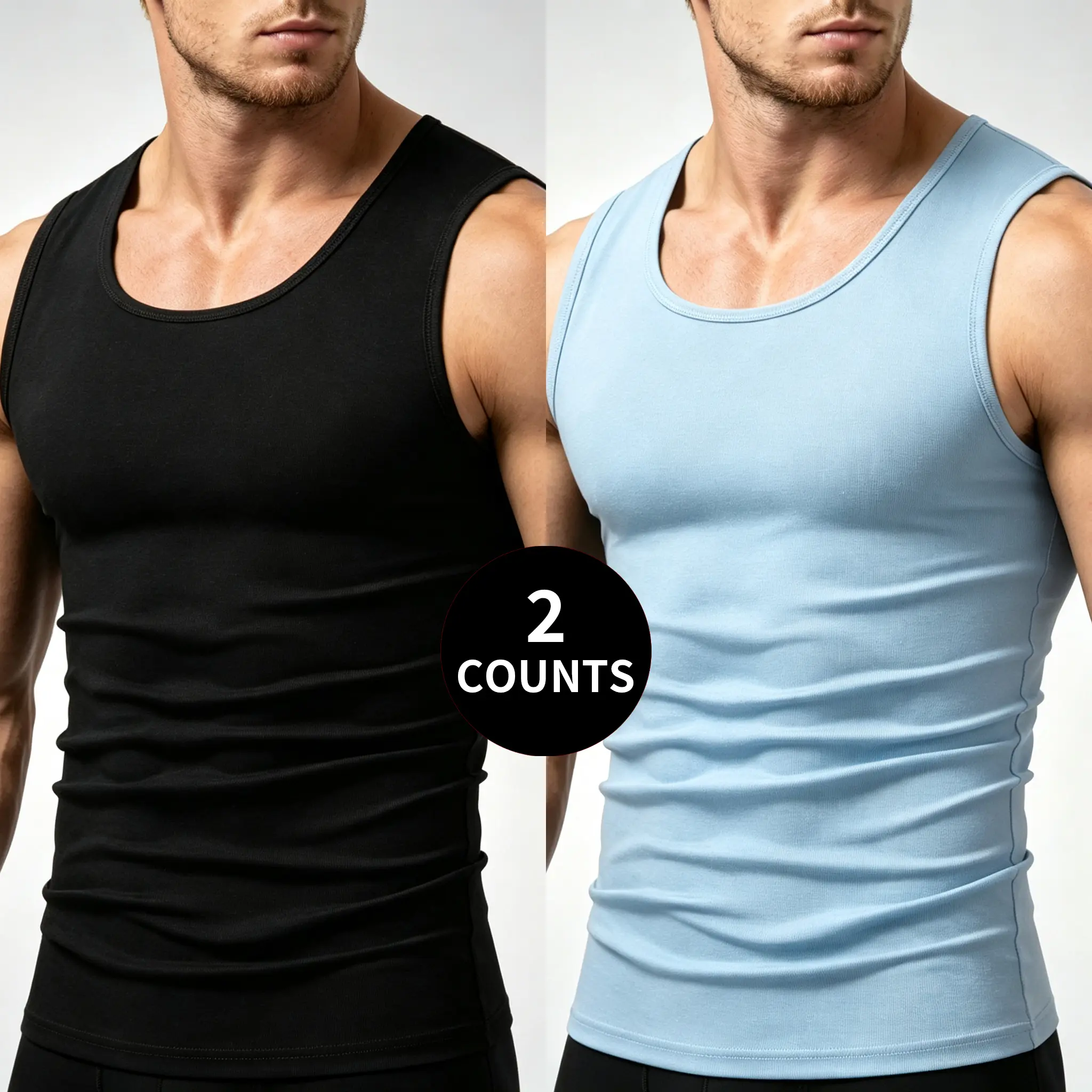 Men's 2-Count Plain Sleeveless Undershirts - Cotton Blend, Breathable Fabric, Slim-Fit Silhouette, Medium Cut, Basic Look, Solid Color Layering Vests for Daily Wear, Sports
