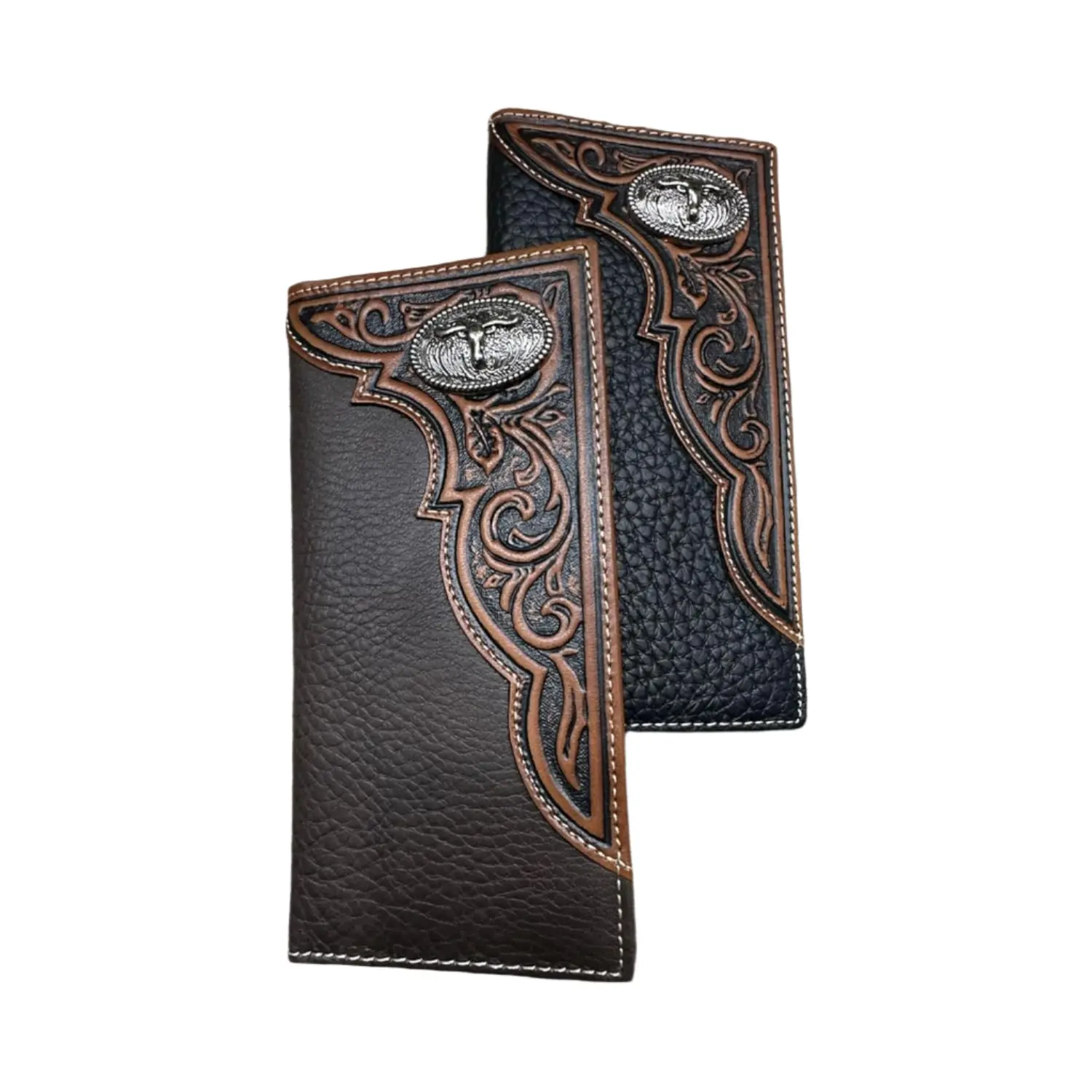 Men's Tooled Long Western Leather Card Wallet with Longhorn Concho, Dark Brown Cowboy Men's Wallet Leather