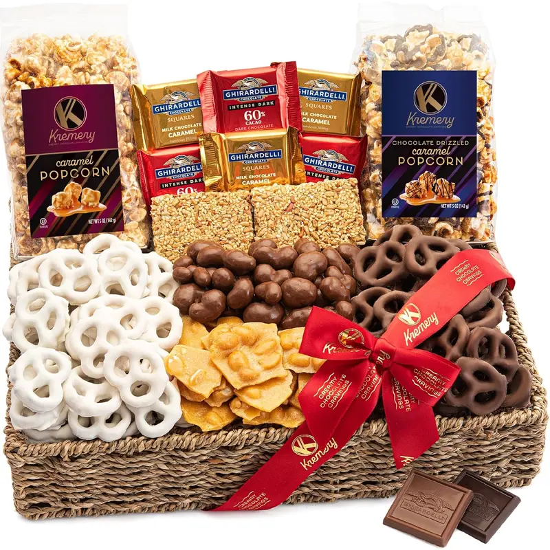 KREMERY Creamy Chocolate Cravings - Valentines Day Chocolate Covered Pretzels & Caramel Popcorn Gift Basket, in Seagrass Tray + Ribbon (Deluxe, 3.5 lbs) Sweet Treats Food Arrangement, Kosher