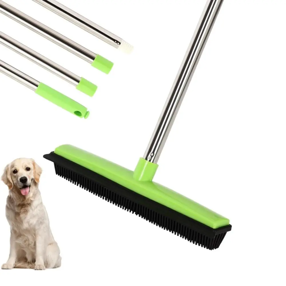 Long Handle Rubber Broom with Shaver, Pet Hair Removal Broom, Pet Hair Remover for Carpet, Floor, Window, Cleaning Tool, Dog Stuff, Dog Accessories, Deshedding Tool, Shedding Grooming Kit, Fur Remover