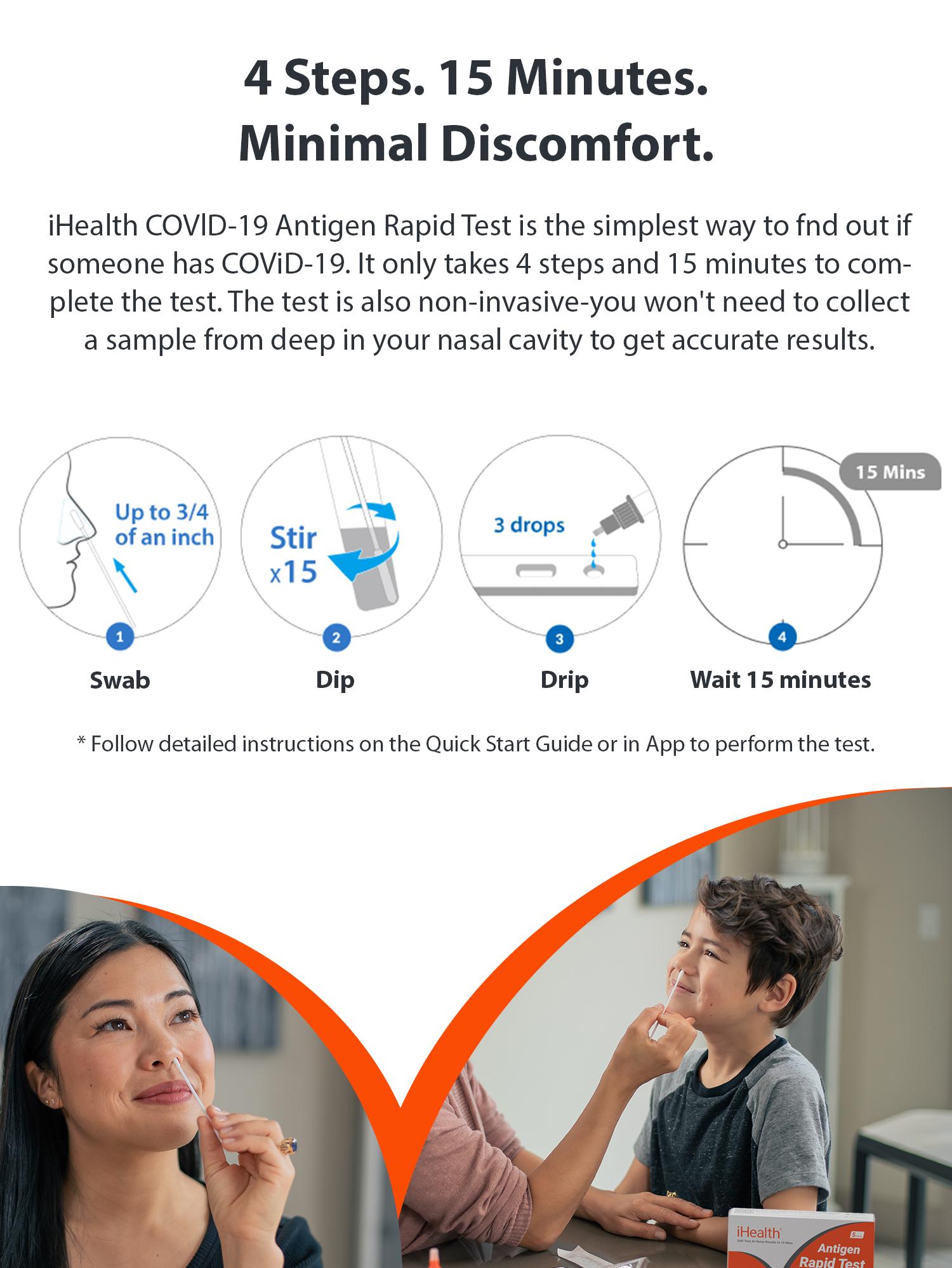 iHealth COVID-19 Antigen Rapid Test, 1 Pack, 5 Tests Total, FDA EUA Authorized OTC at-Home Self Test, Results in 15 Minutes with Non-invasive Nasal Swab, Easy to Use & No Discomfort