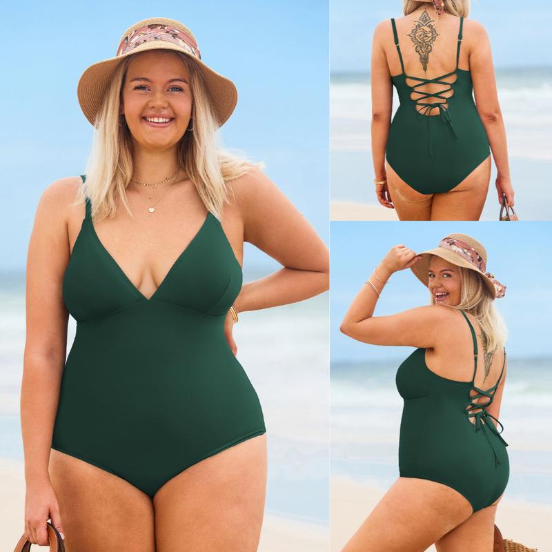 CUPSHE One Piece Swimsuit: Plunging V Neck Sculpting Tummy Control Bathing Suit with Adjustable Lace-Up Back (Size XS-3XL)