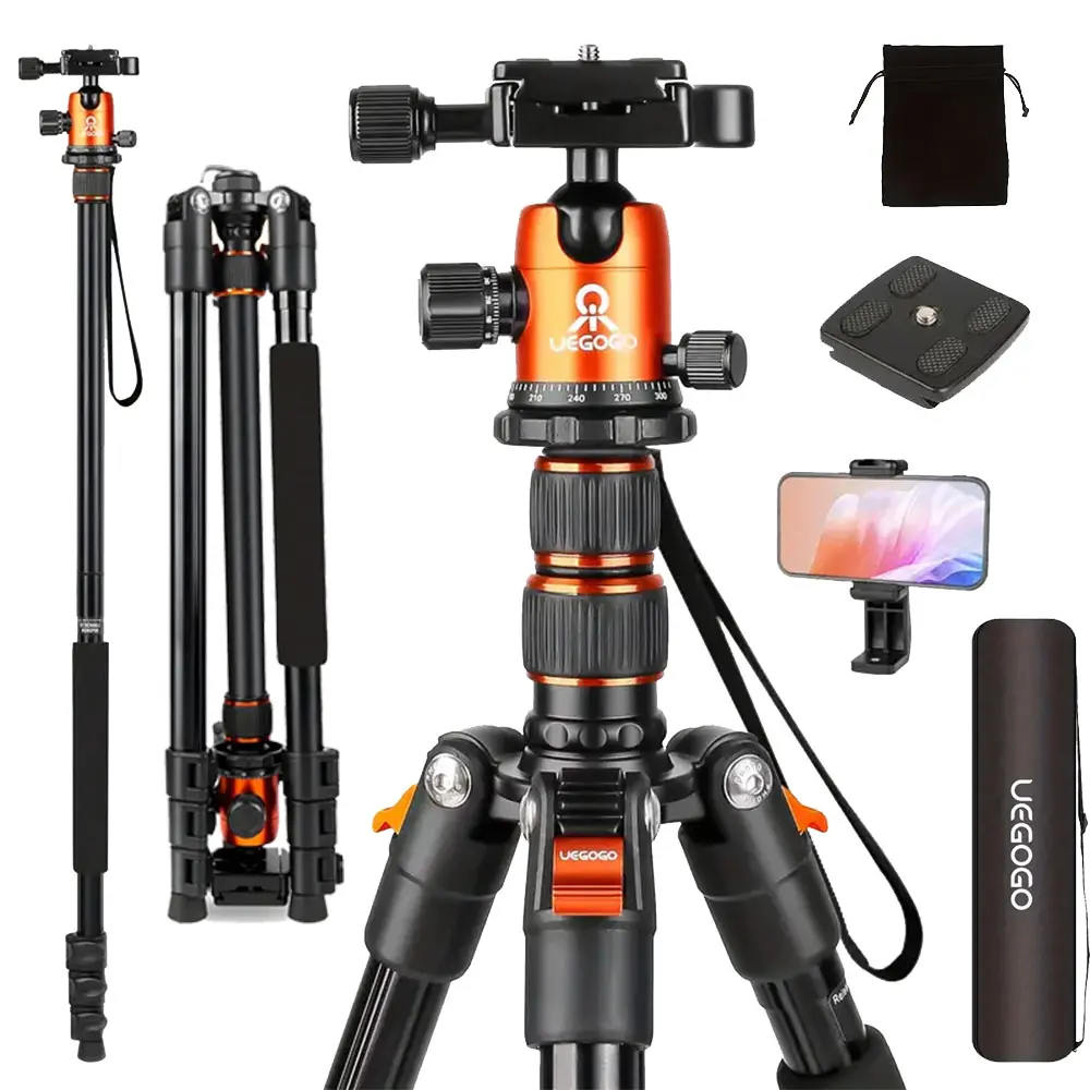 82" Heavy Duty Aluminum Camera Tripod Stand - Convertible Monopod, Adjustable 3-Level Leg Angles, 2.1m Max Height Holder for Studio Lighting, Streaming - DSLR/Mirrorless/Smartphone Equipment Accessories, Sturdy