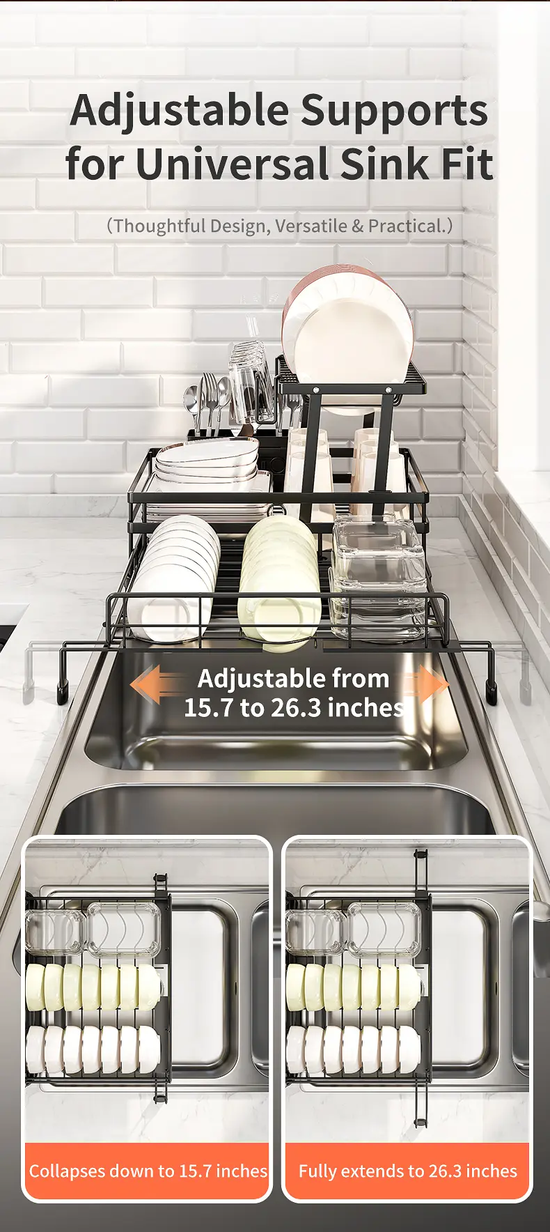 Seashark Foldable Over-Sink Countertop Dish Rack - Pull-Out 2-Tier Dish Drainer with Removable Utensil Holder, Adjustable Organiser, 360° Sink Drain for Small Kitchens, Home Goods, Apartment Stuff, Small Room Organization Products