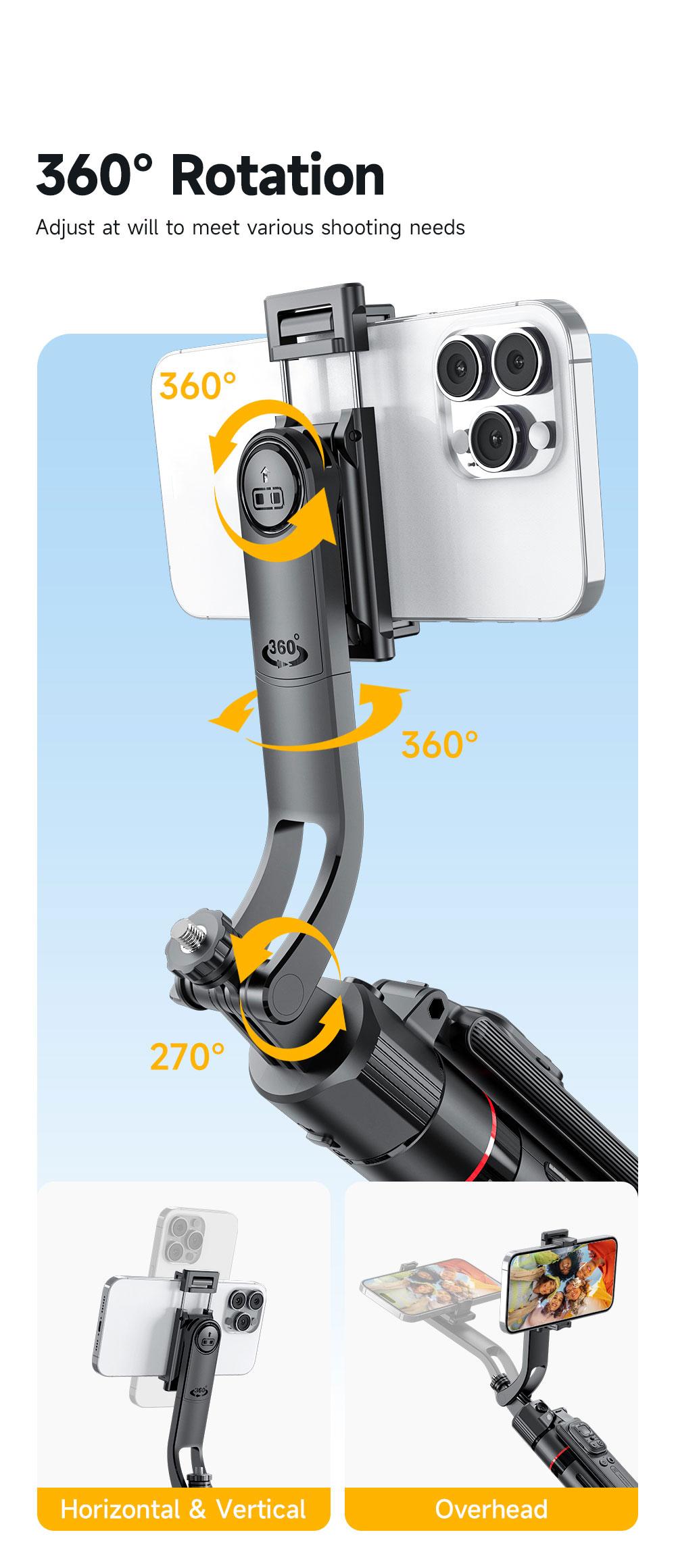 Auto Face Selfie Stick 360° Rotatable Tripod for iPhone One Click Pop Up Gesture Control Handheld Stabilizer Detachable Phone Holder Multifunctional Remote Control 68.9 inches Smartphone Camera Accessories