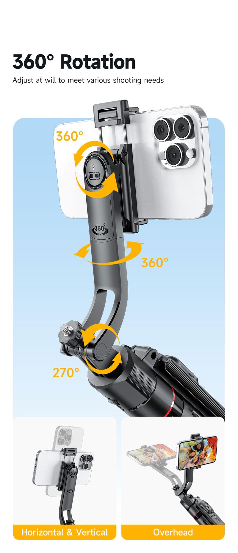 Auto Face Selfie Stick 360° Rotatable Tripod for iPhone One Click Pop Up Gesture Control Handheld Stabilizer Detachable Phone Holder Multifunctional Remote Control 68.9 inches Smartphone Camera Accessories