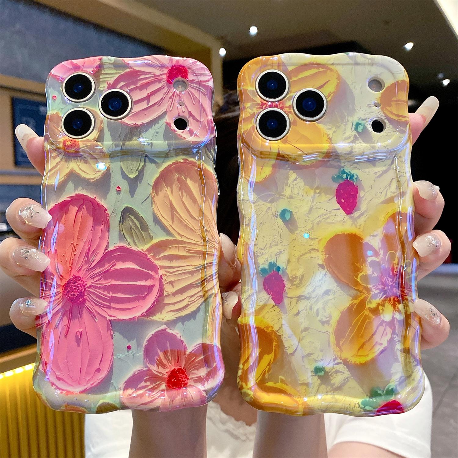 Colorful Retro Oil Painting Flower Pattern Compatible with iPhone 17 Pro Max/ 16/15/ 14/13,Pretty Glossy Pattern Wave Cover Cute Sparkly Floral TPU Protective Case for Women and Girl