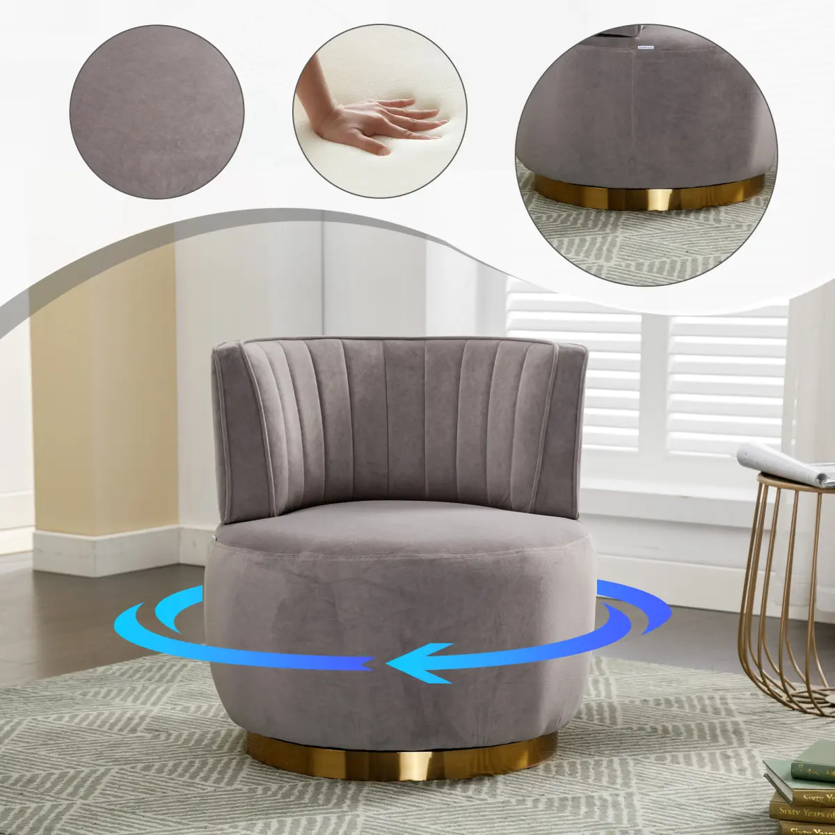 COOLMORE Modern 300-lb Capacity 360-Degree Swivel Velvet Barrel Chair - Single-Seat Round Rolling Swivel Chair with Soft Fabric, 25.20in x 25.59in x 26.38in Solid Plywood Base for Living Room, Vanity Room Decor