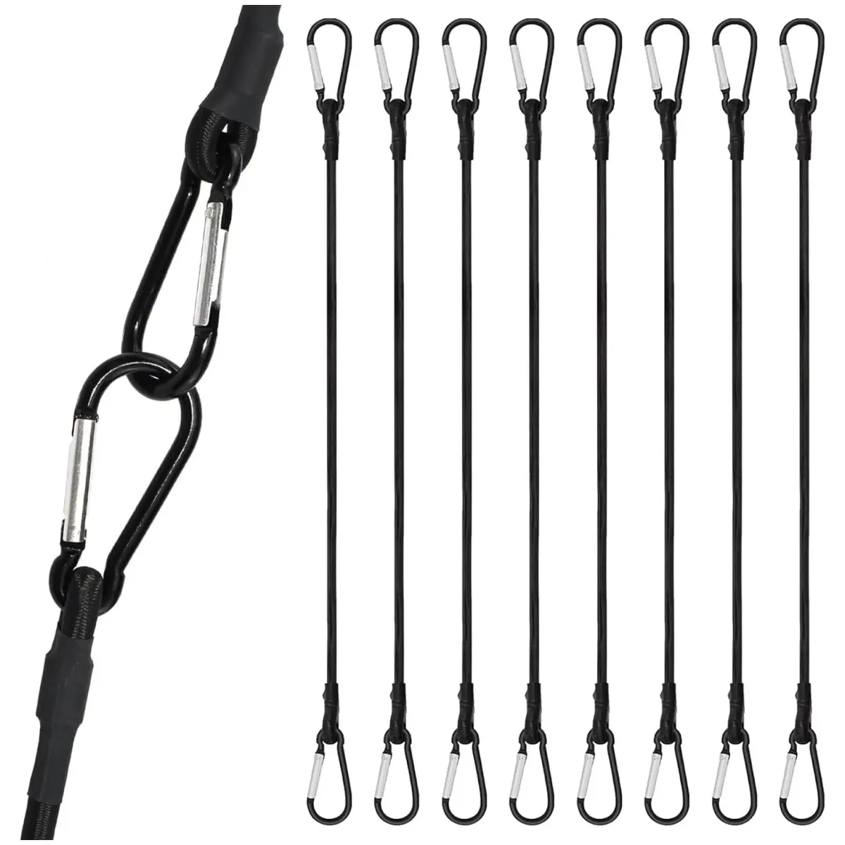 8 Pack Bungee Cord with Hooks, 24 Inch Adjustable Heavy Duty Carabiner Bungee Cord with Black Bungee Straps & Hooks, High Break Strength for Outdoor Luggage Rack, Cargo, Hand Carts, Bike, Camping Gear