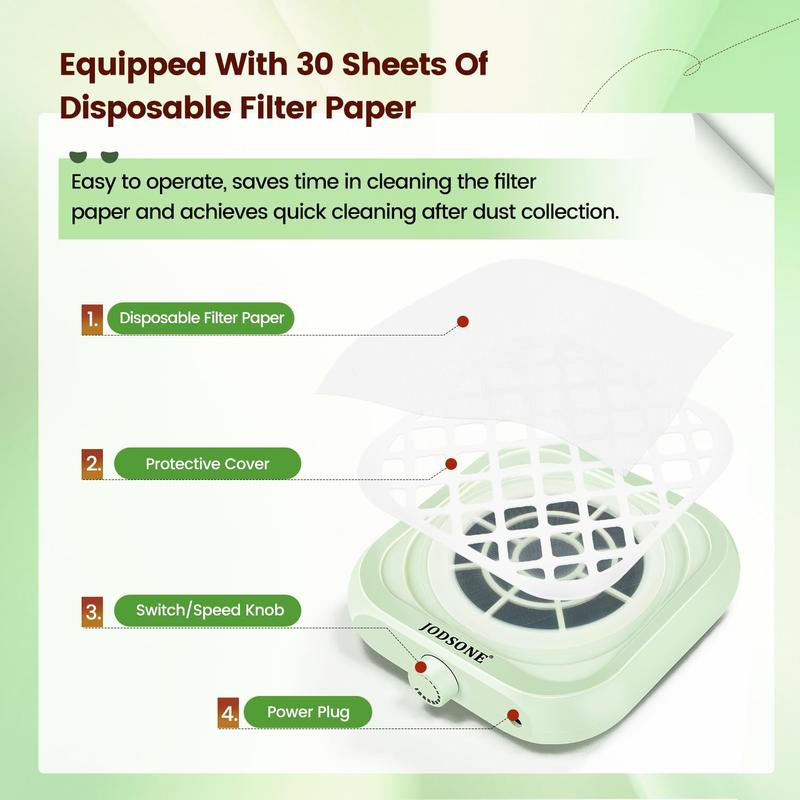 JODSONE Low Noise Nail Dust Collector 6000RPM, Powerful Suction, Portable with 30 Filters | Nail Salon Essential