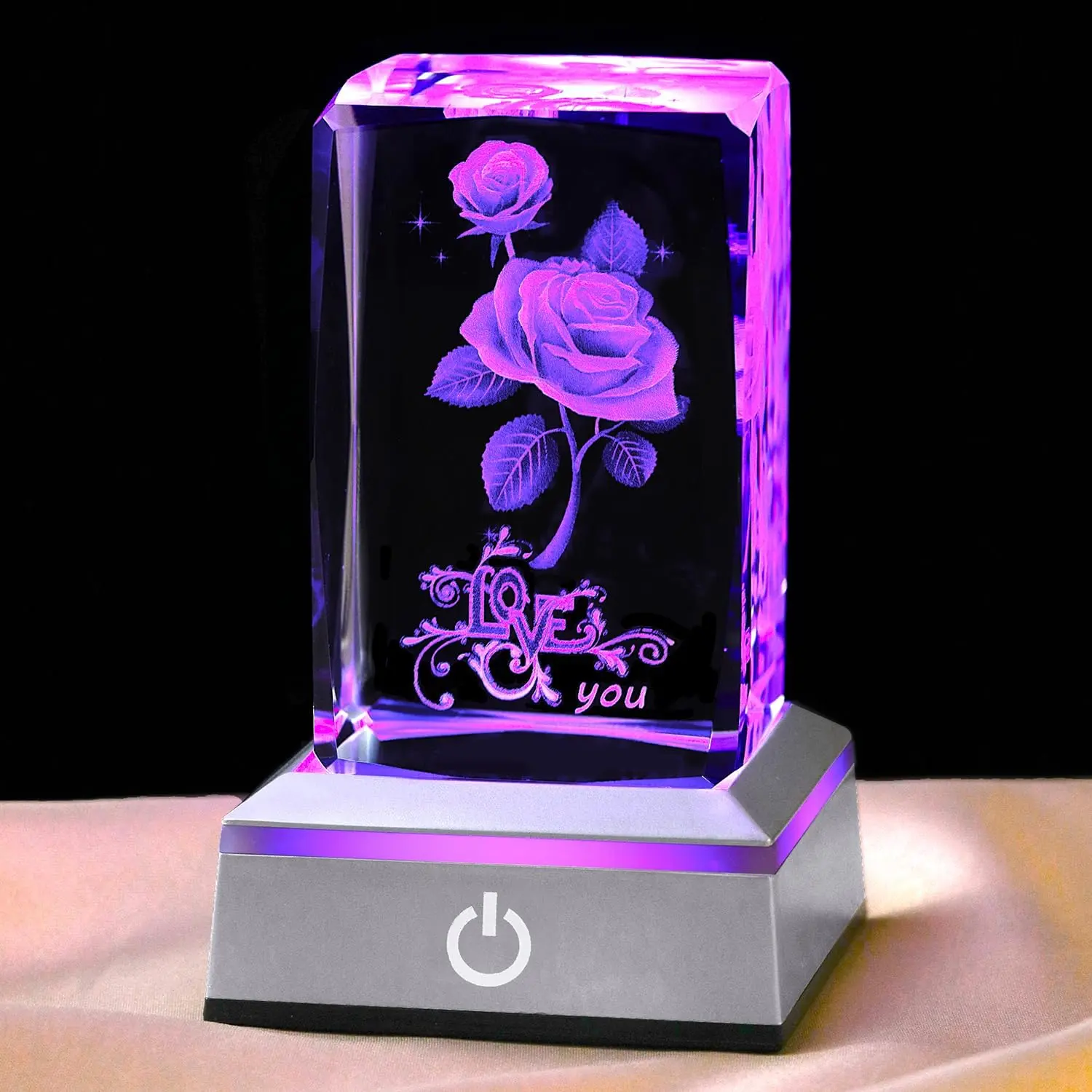 3D Laser Engraving Rose Crystal Glass Night Lamp - Touch-switch On, 6 Mood Lights, Slow/Fast Flash, Adjustable LED Lights, Festive Party Gift, Valentine’s Day Present for Girlfriend, Apartment Decorating Item