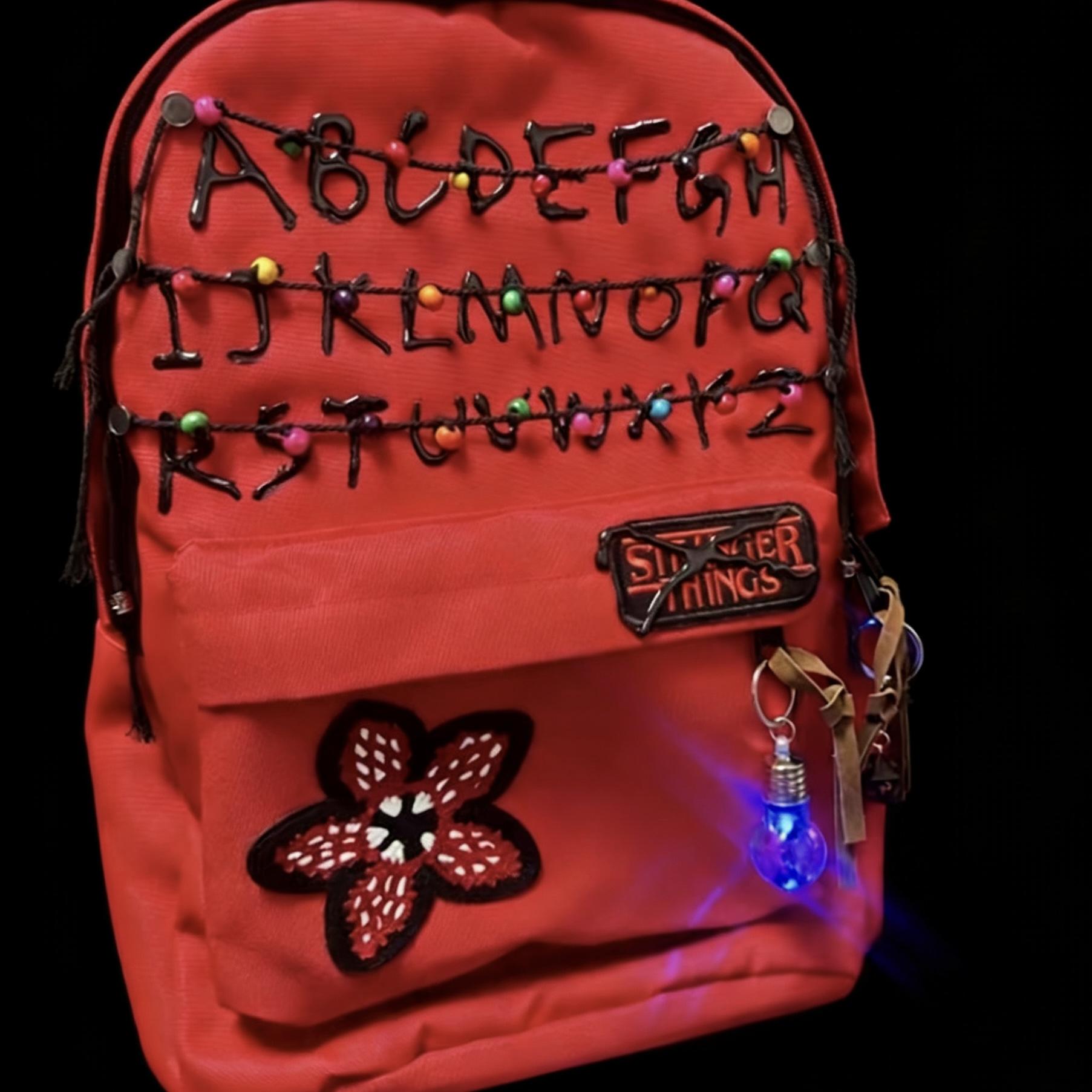 Stranger Things Backpack Shopping Bag Travel Bag Schoolbag Student WorkStudy Backpack Large Capacity Simple Design Red and Black Flower Pattern.