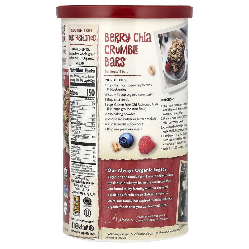 Nature's Path Organic Whole Grain Rolled Oats, Gluten Free, Old Fashioned, 18 oz (510 g)