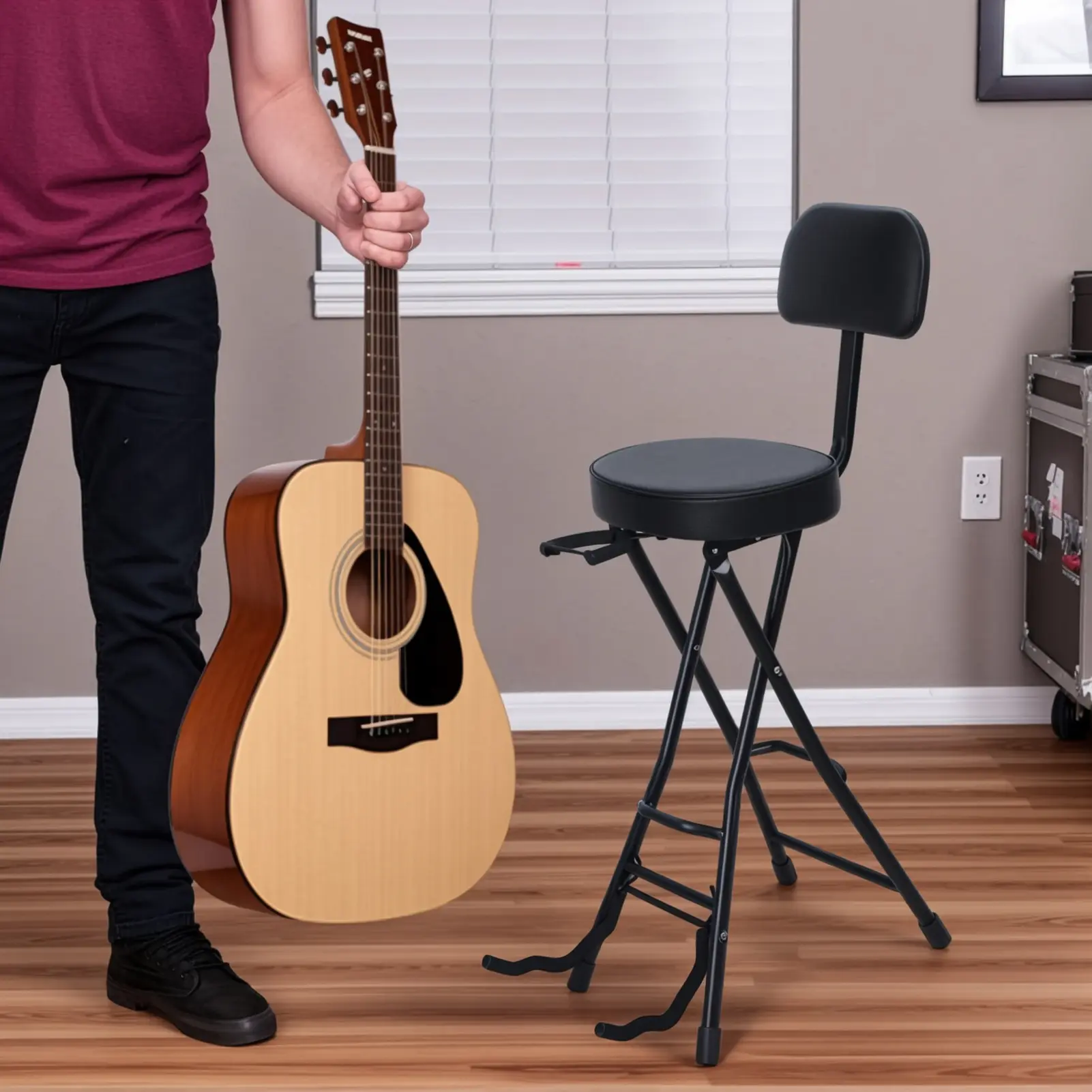 Guitar Stool with Padded Cushion, Heavy-Duty Ergonomic Backrest, Folding Chair with Guitar Stand, Adult Portable Folding Stool, Guitar Accessories, Foot Rest