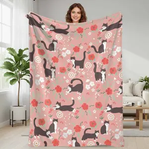 Black Cat Floral Print Flannel Blanket  Soft Cozy Lightweight Warmth  Perfect for Sofa Lounging  Bedroom Decor  Office Naps  Housewarming  Pet lovers Gift