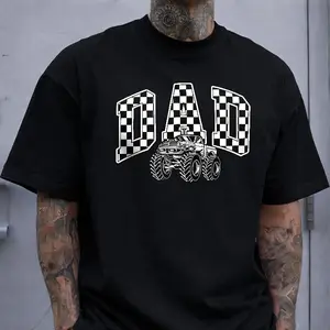 Dad Checkerboard Monster Truck Off Road Enthusiast Cotton Graphic Tshirt Short Sleeve Summer Menswear Top
