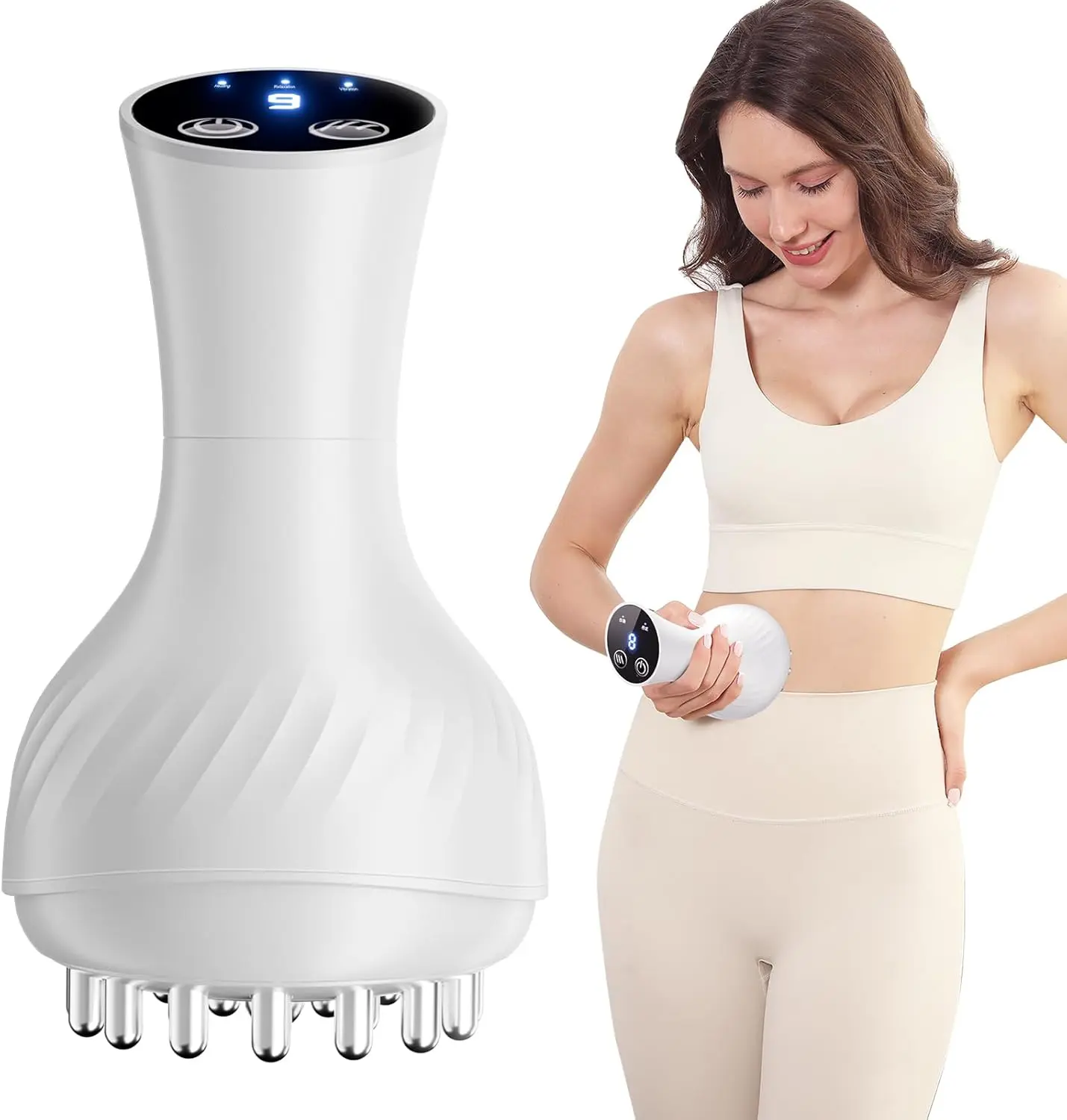 Professional Handheld Massager for Muscle & Lymphatic Support - Rechargeable Device with Heat & Vibration for Full-Body Care on Neck, Back, Arms, Waist, Belly & Legs, Portable White Gift