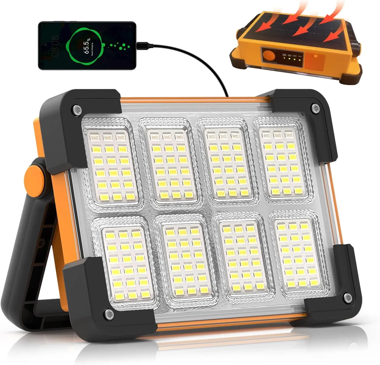 Never run out of power! ！120W Solar Rechargeable Work  – 144 LEDs 10000LM Ultra Bright, 4 Modes + Stand, IP66 Waterproof. Portable flood  for emergency, mechanic, camping, repair. Say goodbye to darkness! rgb color-changing solar outdoor lights