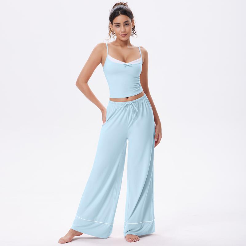 OQQ Women’s Loungewear Pajama Set – Chic Deep V-Neck Cami Top With Bow & Relaxed Drawstring Pants Sleepwear Sets