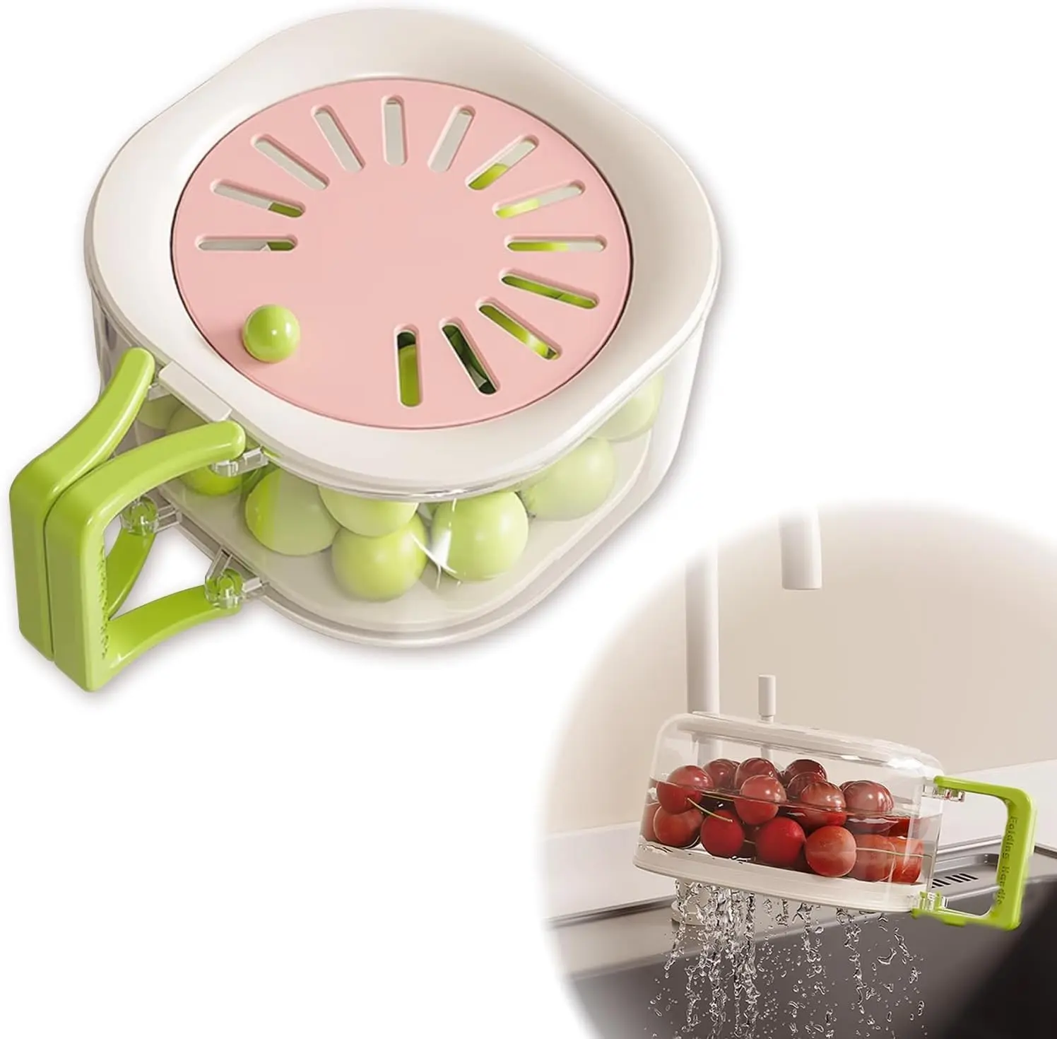 VSDISPLAY Kitchen Utensils 2-in-1 Drip-Proof Fruit Washer Colander, 5.9 in Hollow Net Vegetable Basin with Strainer Lid, Collapsible Handle Salad Container for Fridge, Picnic