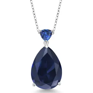 Gemstone Birthstone and Blue Created Sapphire Teardrop Pendant Necklace for Women | 925 Sterling Silver | 18X13MM Pear Center with 5MM Trillion Accent | 18-Inch Cable Chain