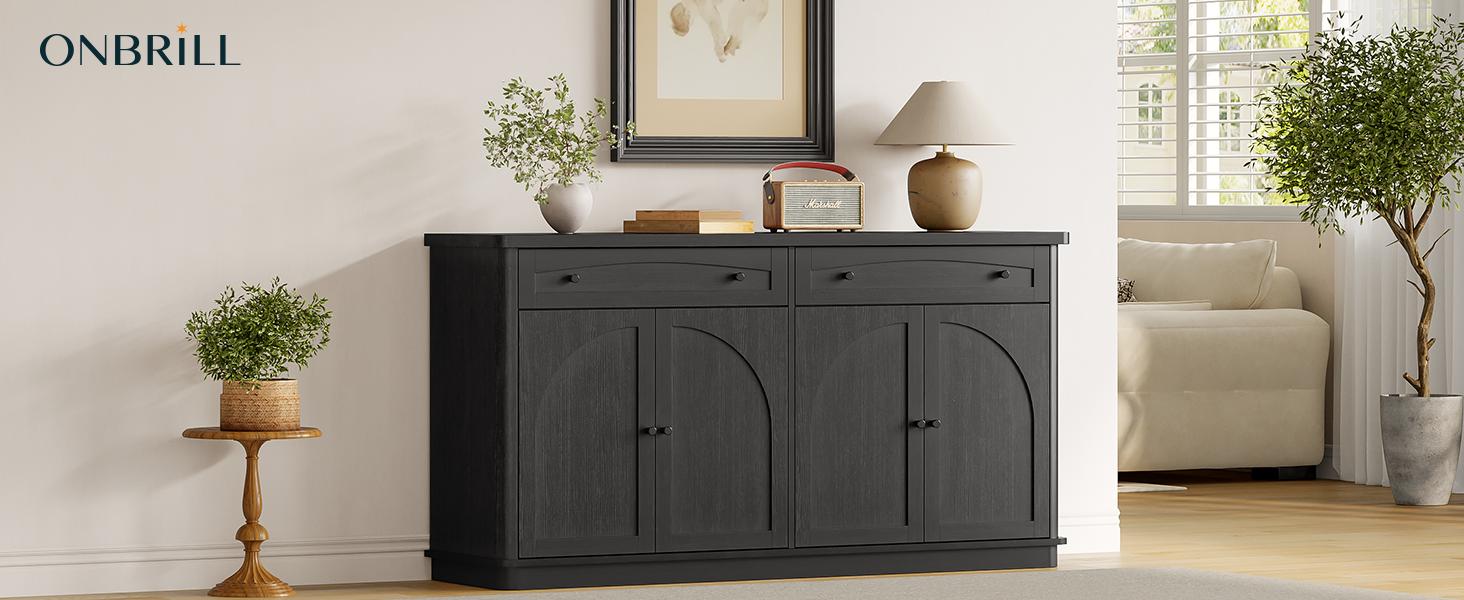 【SPOTLIGHT DAY】ONBRILL 63 Inch Buffet Cabinet with Storage, Curved Sideboard Cabinet with 2 Drawers and 4 Arched Doors, Storage Cabinets with Adjustable Shelves, Sideboard Buffet for Living Room, Kitchen