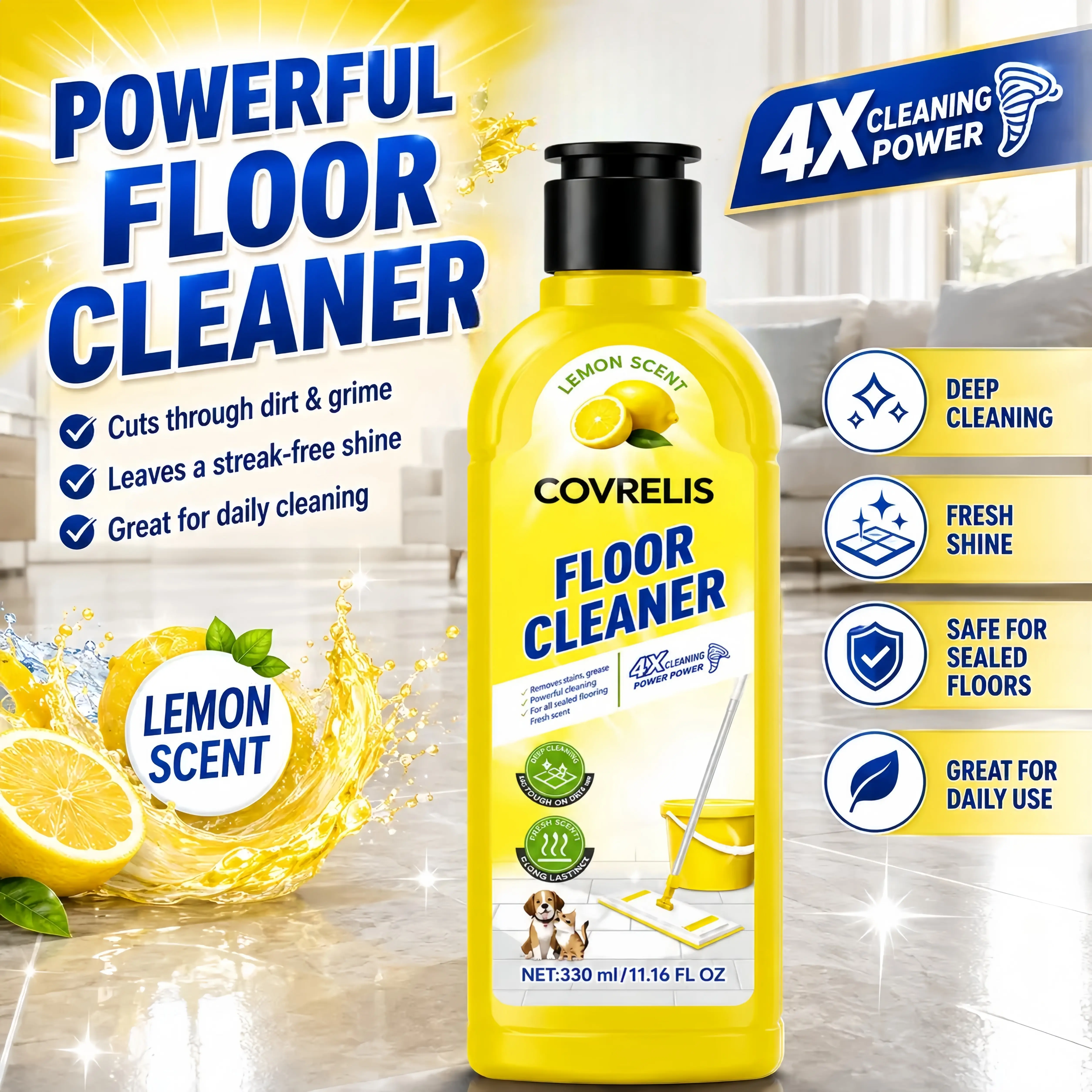 COVRELIS Lemon-Scented Floor Cleaner: A quick-drying, deep-cleaning solution for hardwood floors, tile, laminate, and vinyl flooring. It offers antibacterial, deodorizing, and polishing benefits, and effectively removes pet urine stains.