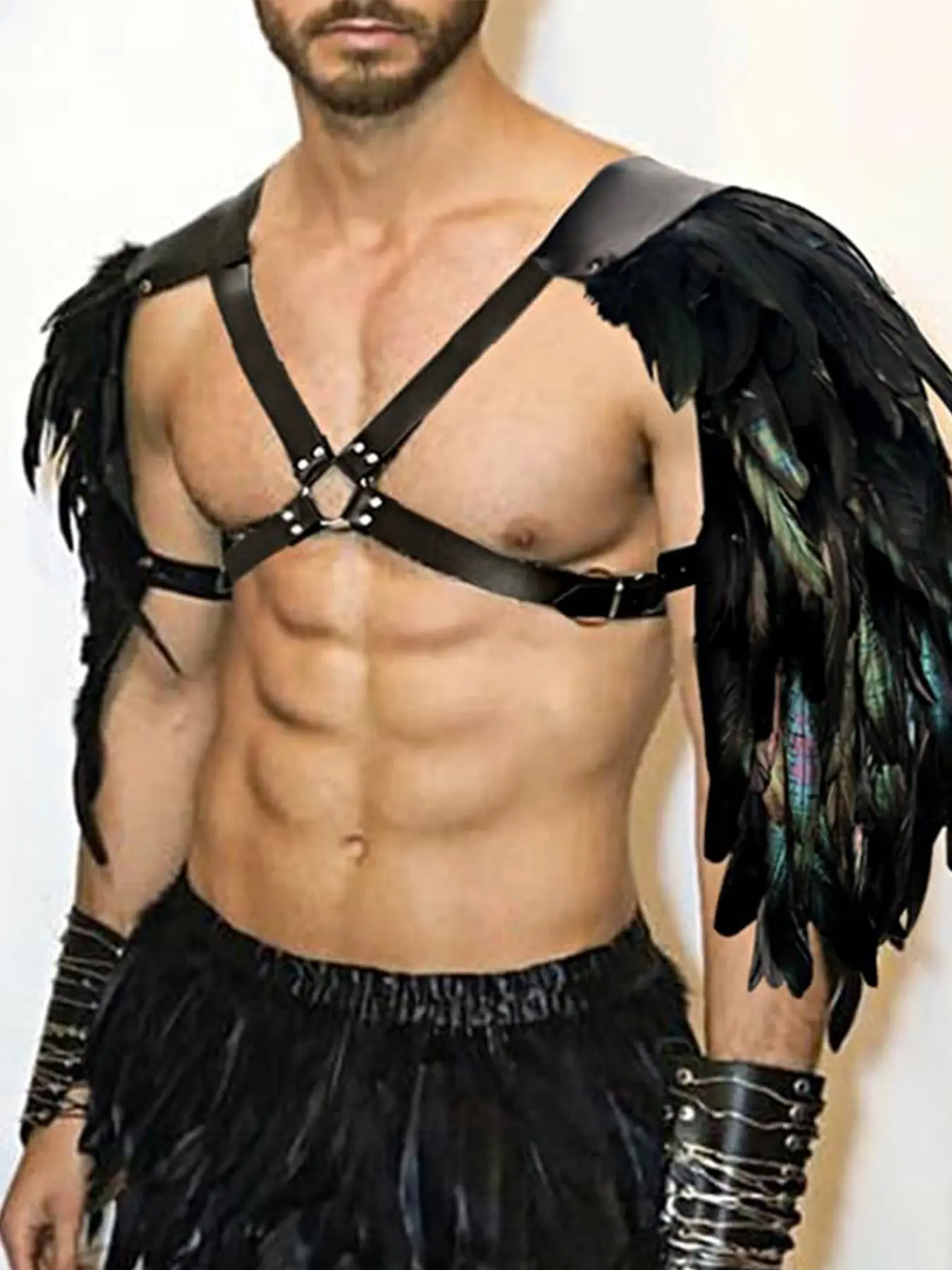 Gothic Feather Shoulder Armor for Men Masculine Leather Harness Medieval Guards Halloween Cosplay Fantasy Costume Army Costume Diabolic Outfit