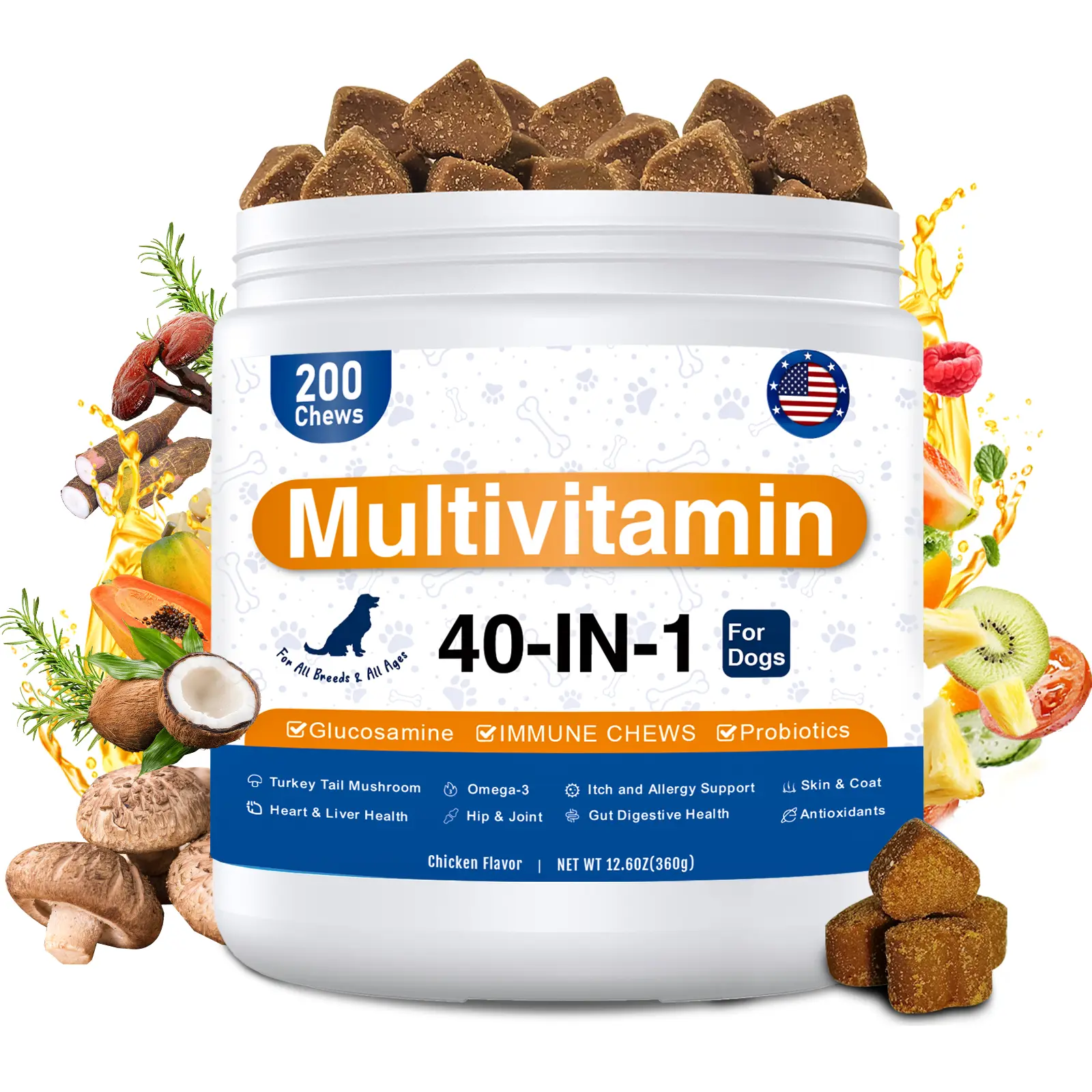 Dog Multivitamin, 40-in-1 Dog Vitamins and Supplements Chewable Contain Probiotics Omega-3 Glucosamine, Multivitamin for Dogs Skin Coat Heart Joint Liver Brain Eyes and Immune Support, Chicken Flavor, 200ct