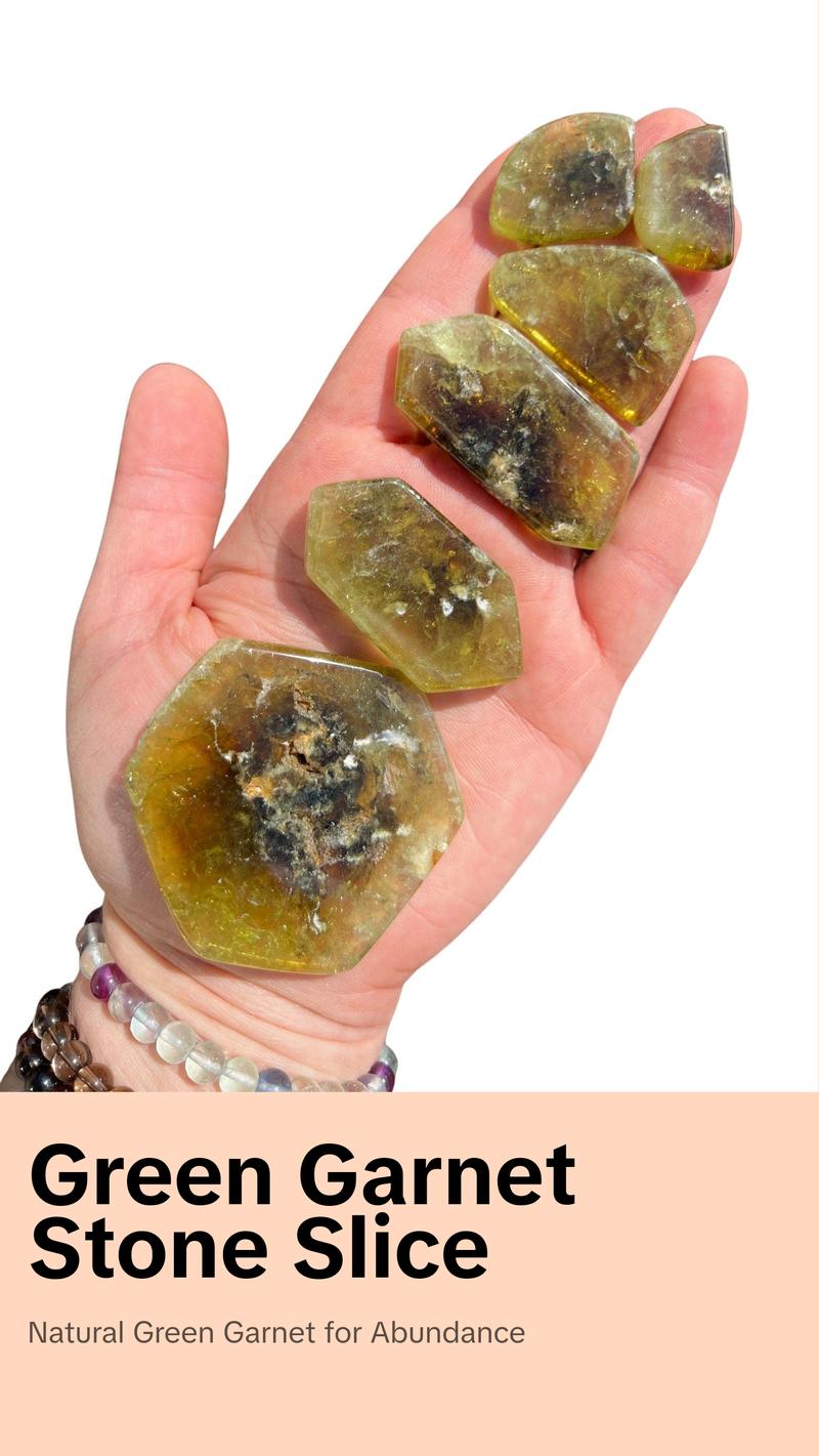 New Moon Beginnings Green Garnet Stone Slice - Natural Green Color, Round Shape, Ideal for Gem Collecting