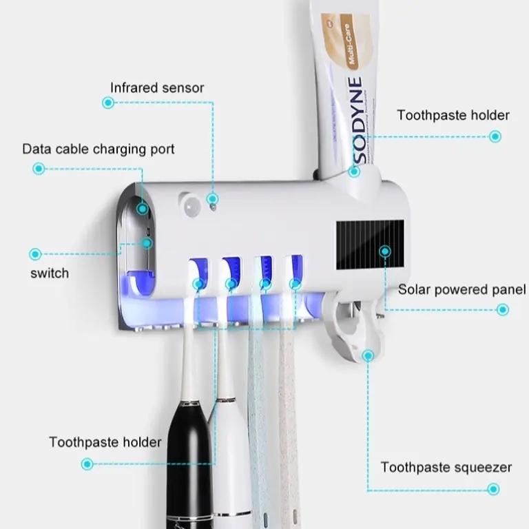 UV Toothbrush Sanitizer Wall Mount, 4-Slot Toothbrush Holder with Automatic Toothpaste Dispenser, No-Drill Installation, IPX5 Waterproof  Organizer for Electric & Manual Toothbrushes, Family Size