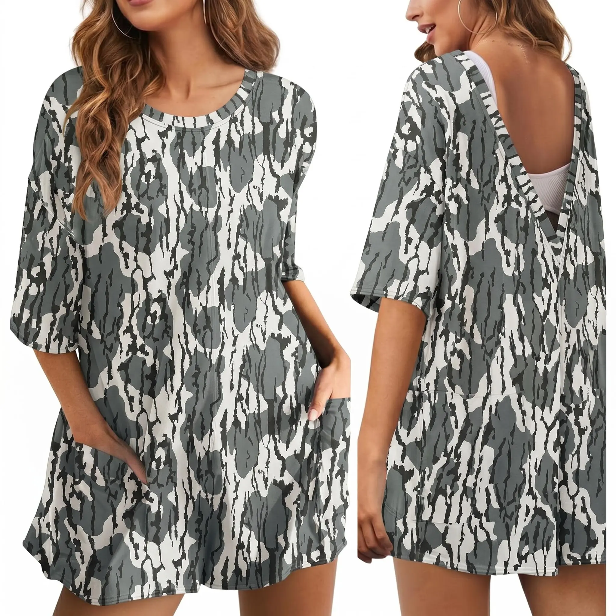 Women's Comfortable Loose Camo Short-Sleeve Crew Neck Romper with Pockets - Casual Jumpsuits & Rompers for Spring, Summer Outfits, Overalls, Shortsleeve