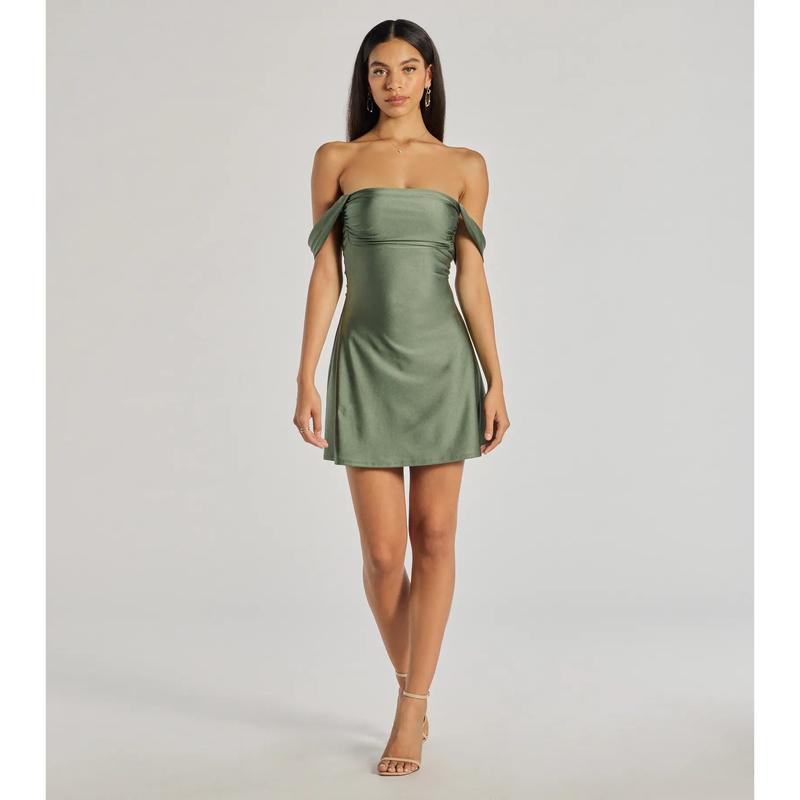 Classics Lover Off-The-Shoulder Satin A-Line Mini Dress