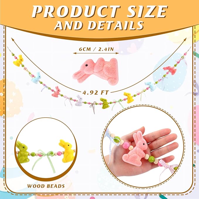 Easter Bunny Garland Banner with Wood Beads for Easter Decor, Rustic Rabbits Hanging Garland for Mantle Fireplace Shelf Wall Display Spring Home Decor, Shamrock Garland for St. Patrick's Day Luck Of The Irish Green Decor, Indoor Party Supplies & Gifts