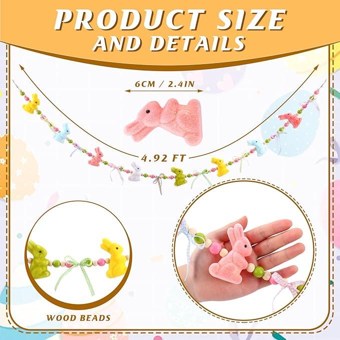 Easter Bunny Garland Banner with Wood Beads for Easter Decor, Rustic Rabbits Hanging Garland for Mantle Fireplace Shelf Wall Display Spring Home Decor, Shamrock Garland for St. Patrick's Day Luck Of The Irish Green Decor, Indoor Party Supplies & Gifts