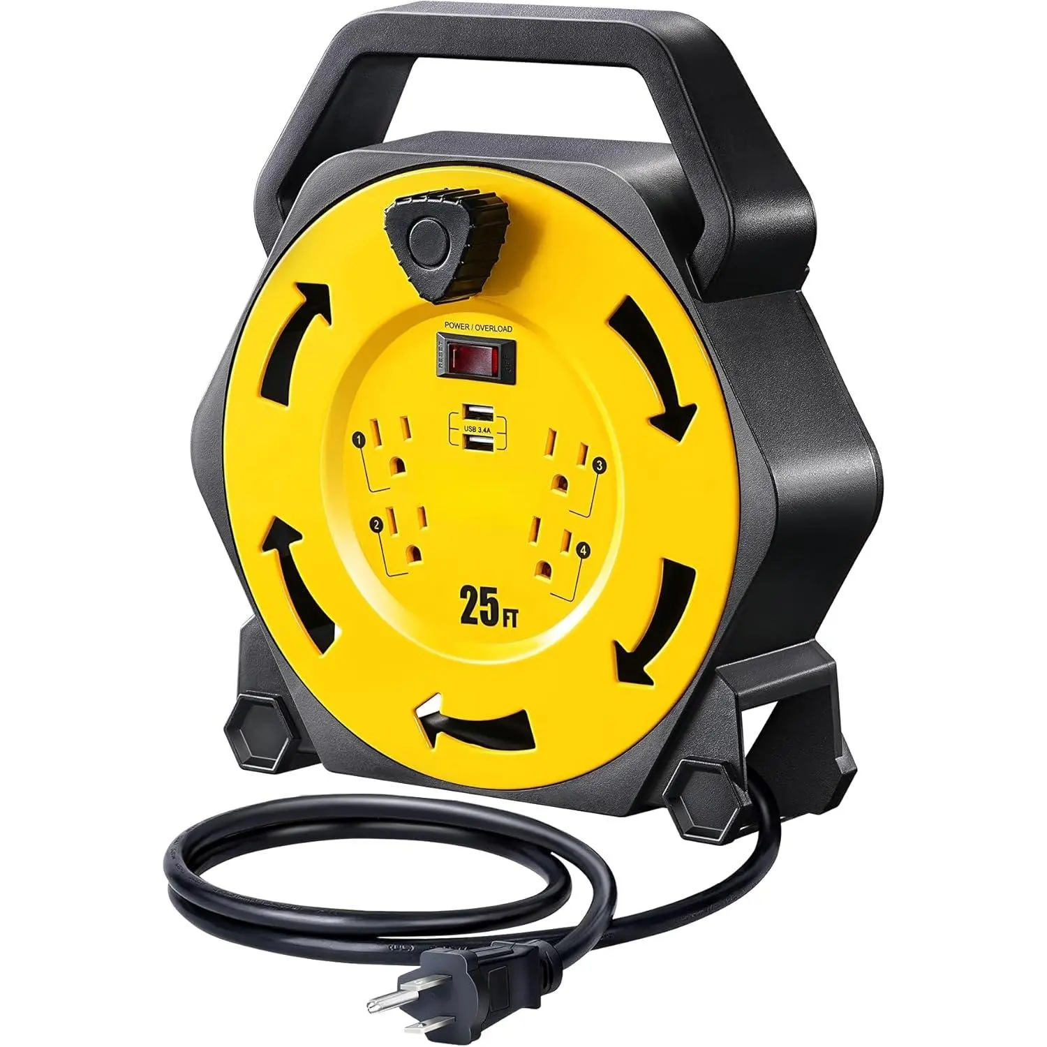 UL Listed Retractable Extension Cord Reel - 25FT 16/3 SJTW Heavy Duty, 4 Power Outlets, 2 3.4A Fast Charging USB Ports, 13A Circuit Breaker, 3.12 lbs Compact Design, Long Lifespan, Hand Wind, for Caravan, Garage, Outdoor Dry Use, Ideal for DIY Users
