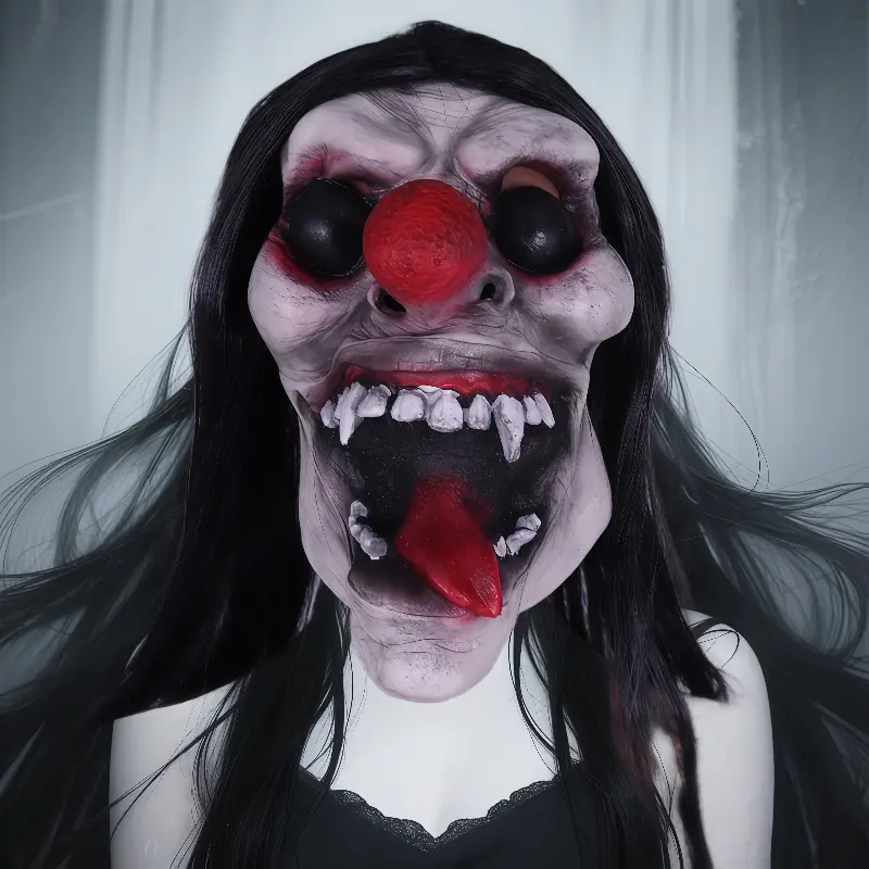Scary Realistic Color-Block Hollow Full Latex Clown Mask - Red Nose, Black Eyes, Bright Red Tongue, Long Black Hair, Comfortable Halloween Costume Prop, Horror Mask for Halloween, Carnival Gifts