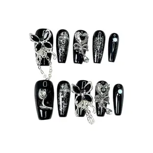 Gothic Black Coffin Press On Nails - Chain Rose Butterfly Acrylic