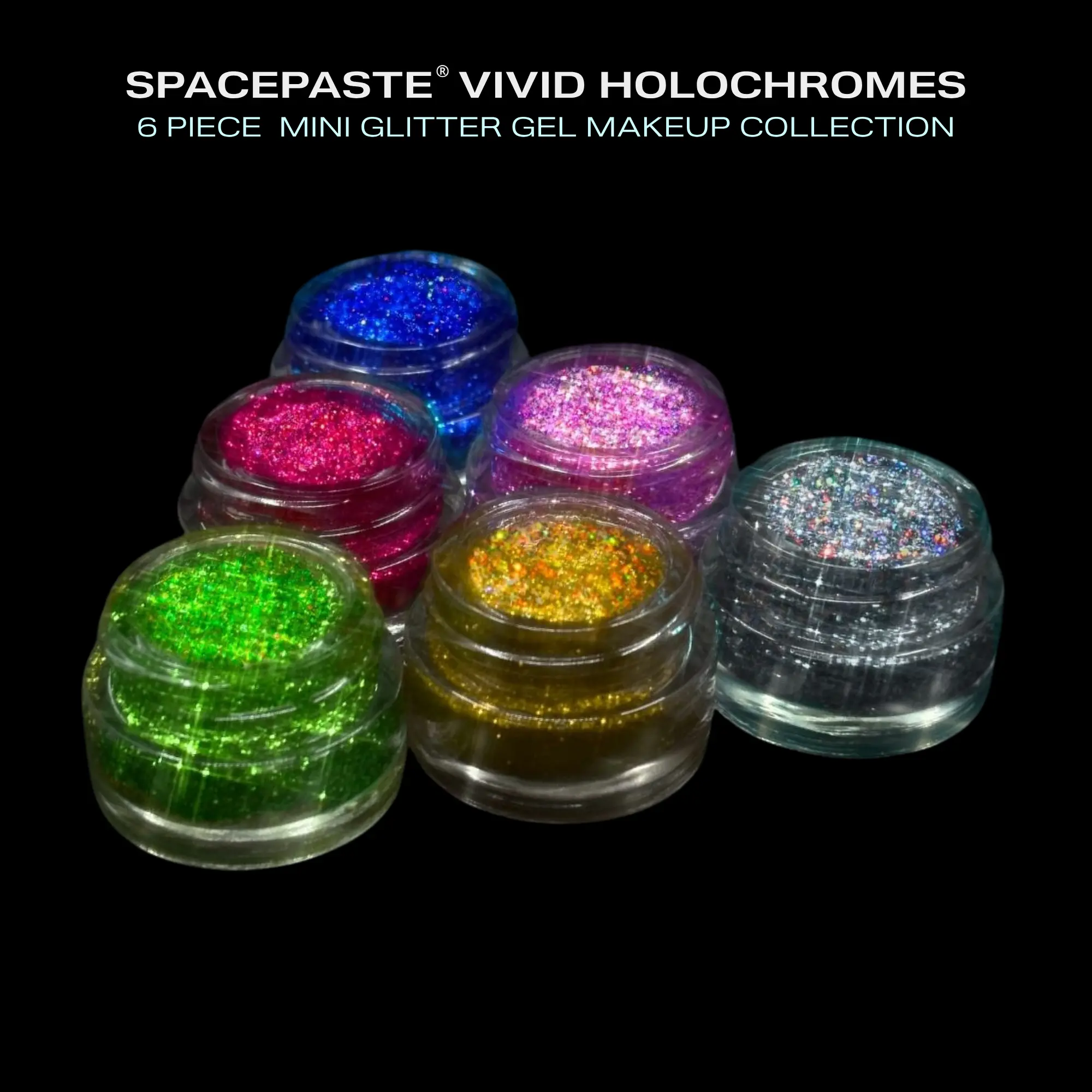Lemonhead LA SPACEPASTE Vivid Holochromes | 6-Piece Mini Holographic Glitter Gel Makeup Collection | Ultra Reflective Micro-Glitters for Eyes & Lips