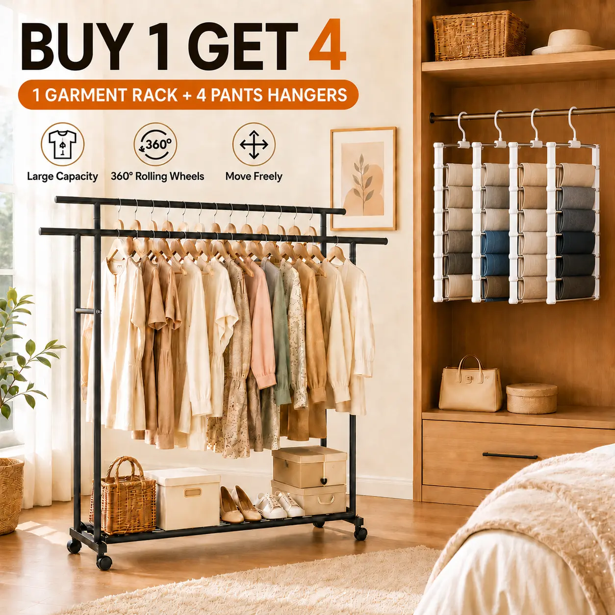 Rolling Garment Rack with 4 Pants Hangers, Large Capacity Clothing Rack with 360° Wheels, Portable Clothes Organizer for Bedroom, Closet, Apartment & Laundry Room, Freestanding Hanging Rack with Storage Shelf Metal Movable