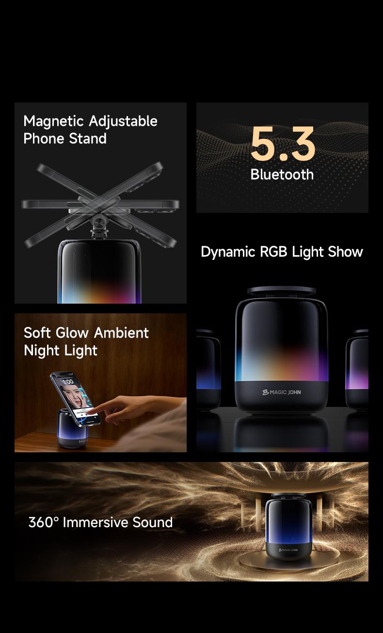 MAGIC JOHN 2025 Upgraded Bluetooth Speaker Phone Stand & Phone Holder, 5.3 Connectivity, 360° Surround Sound, suit for iPhone/Android, Gift for lady/women/men/elder/friends