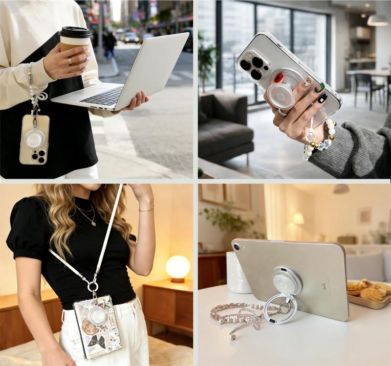 Magnetic Charm with Phone Grip Base for Kindle & Phone – Short Beaded Phone Chain, Anti-Theft Hands-Free Wrist Strap, Detachable Lanyard, Handmade Beaded Wrist Chain (Magnetic Ring Sticker Included for Non-MagSafe Devices)