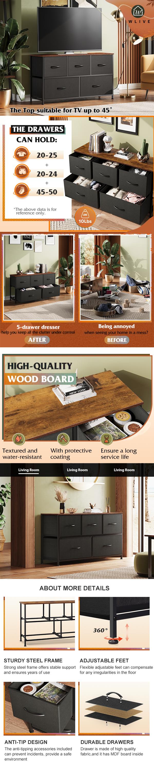 WLIVE 5-Drawer Dresser for Bedroom, Wide Chest of Drawers, Low-Profile Fabric Dresser, Storage Organizer Unit with Fabric Bins for Closet, Living Room, Hallway