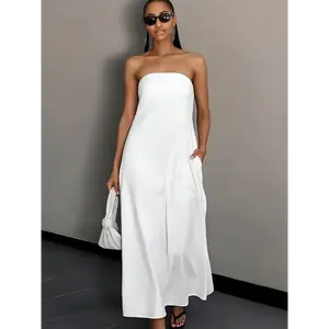 Outdoors Womens Linen Wrap Dress Backless Sleeveless Beach Maxi Dress Summer High Waist Two Colors Linen Beige Ivory