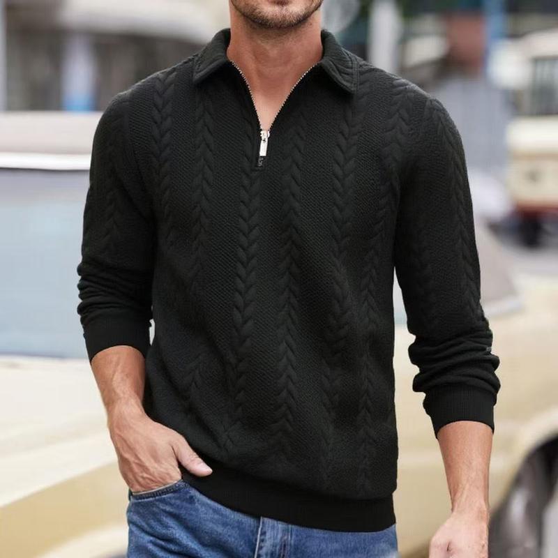 Men's Autumn Winter Cable Knit Long Sleeve Polo Shirt, Suitable for Everyday Wear, Vintage Ribbed Zip-Up High Collar with Quarter-Zip Design, Casual Versatile Fashion Pullover, A Must-Have for Men's Wardrobes