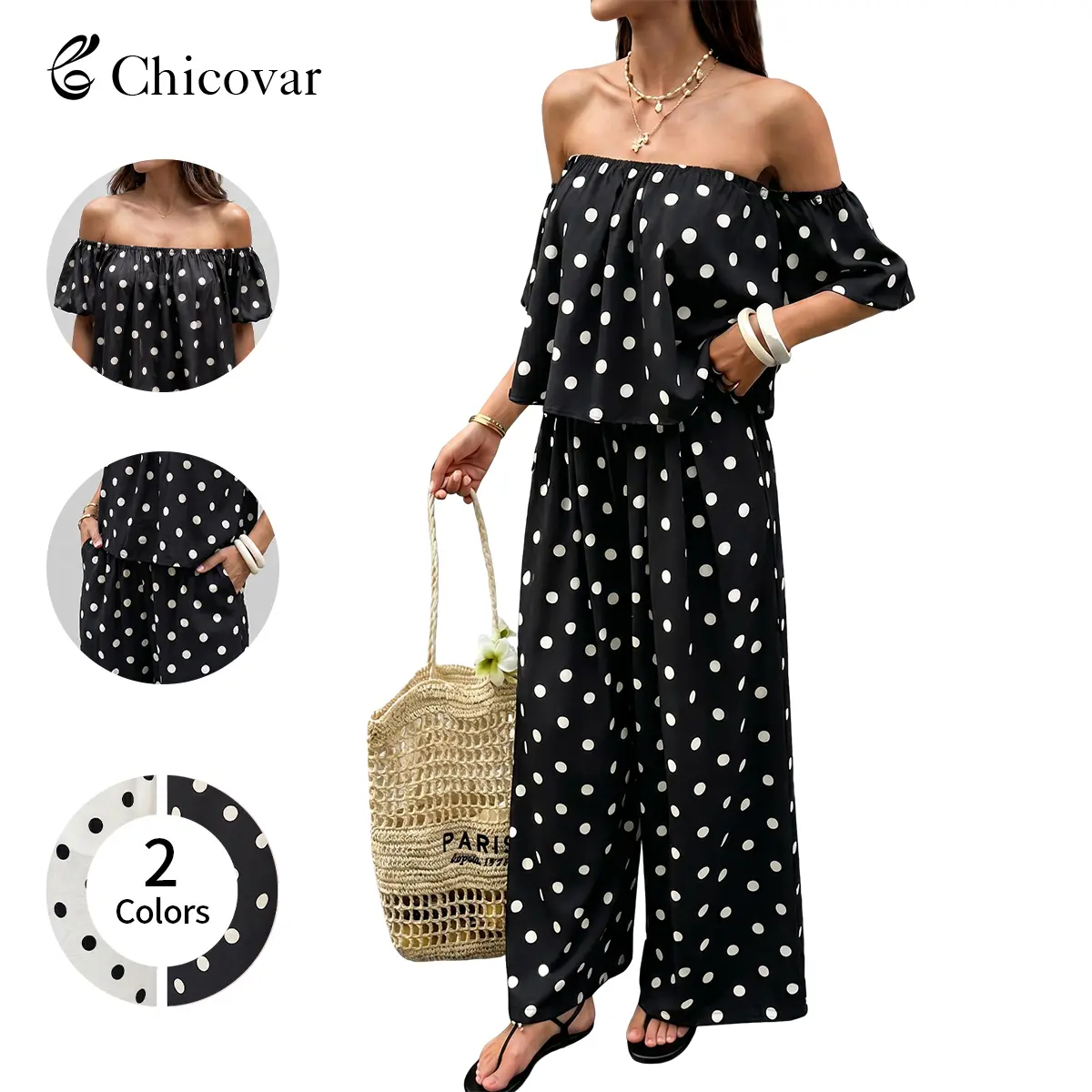 Chicovar Women's Polka Dot Off Shoulder 2 Piece Set, Puff Sleeves Cropped Top, High Waist Wide Leg Pants with Pockets, Lined, Slimming, Casual, Date, Beach Vacation Outfit Sets, Lounge Sets, Summervibes,sohochic