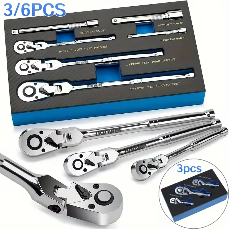 3/6PCS Flex Head Ratchet Wrench Set, 1/4" 3/8" 1/2" Drive Swivel Ratchet Handles with Extension Bars, Polished Steel Socket Ratchet Tool Kit with Storage Tray for Auto Garage Mechanical Repair durable hand