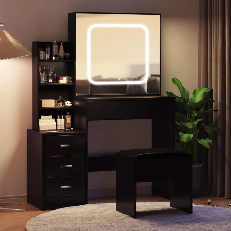 GARVEE Black Vanity Desk Set - Sliding Mirror with 3 Color Adjustable Lights, 4 Drawers, Stool, Power Outlet, Open Shelves - Indoor Bedroom Makeup Dressing Table